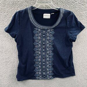 Alfred Dunner Women Top Large Petite Blue Embellished Short Sleeve Shirt Stretch